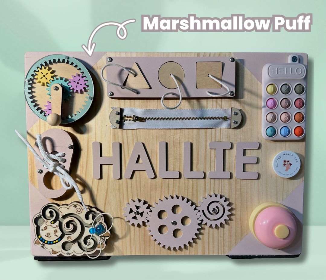 Toddler busy board – marshmallow puff
