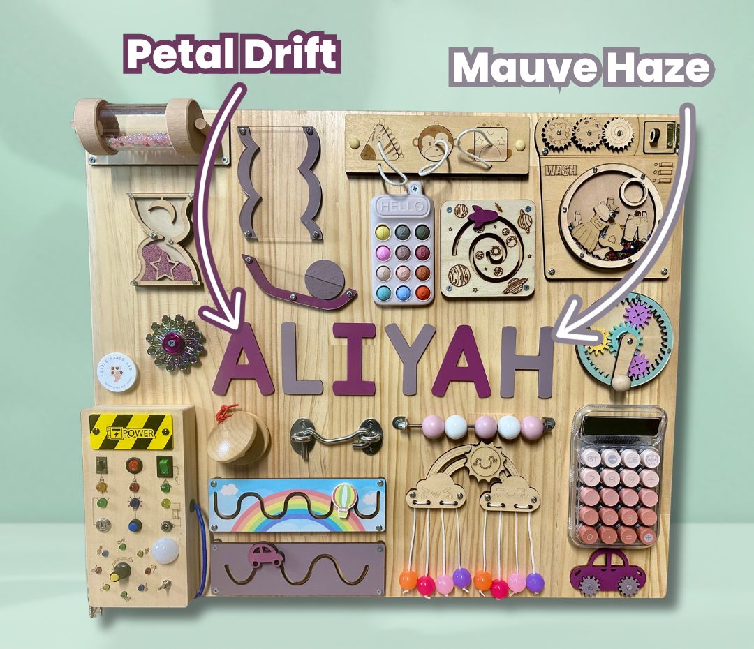 Custom toddler busy board – petal drift and mauve haze