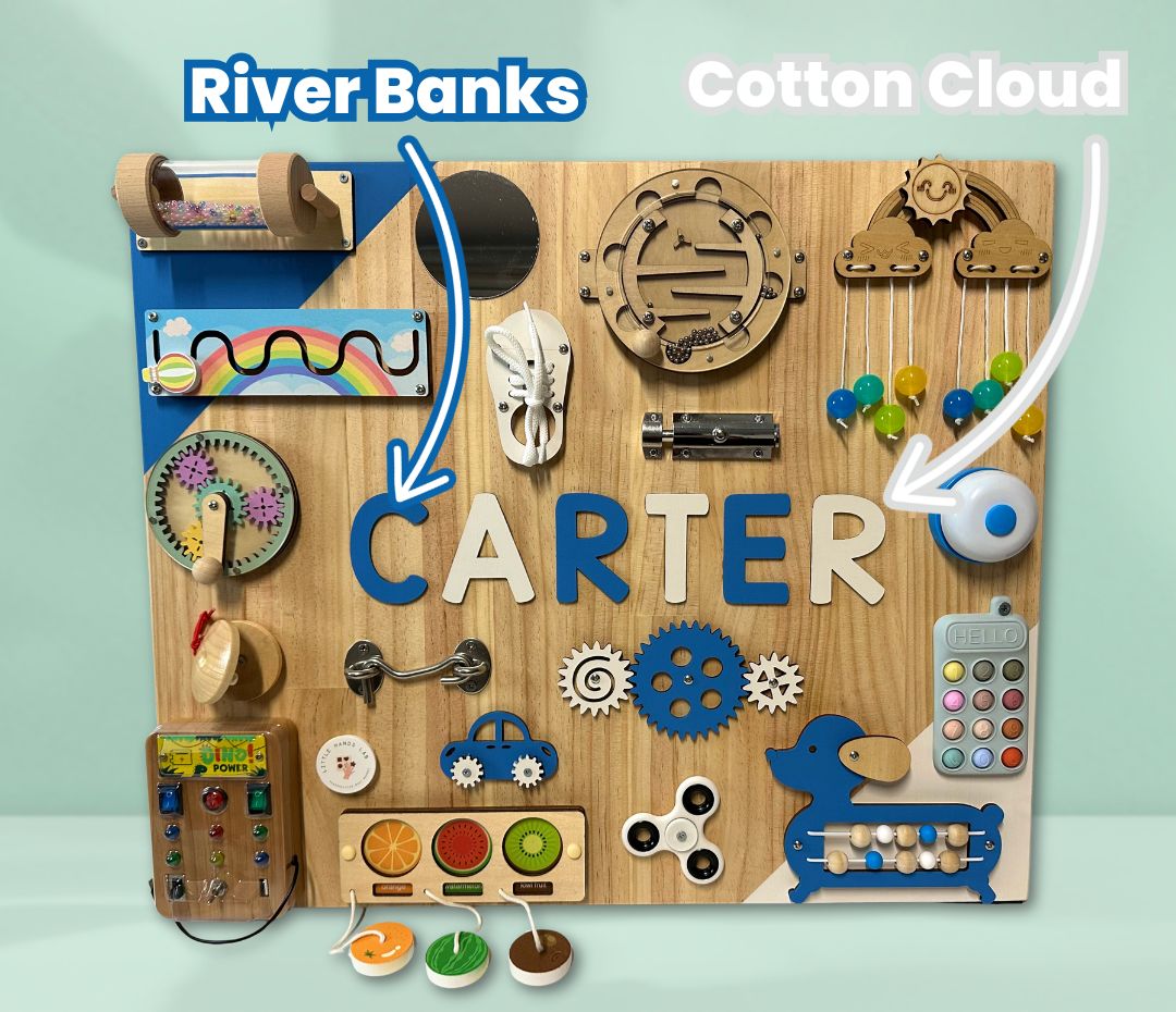 Toddler sensory busy board – river banks and cotton cloud