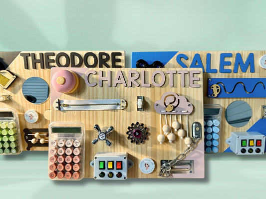three busy boards in a variety of colours